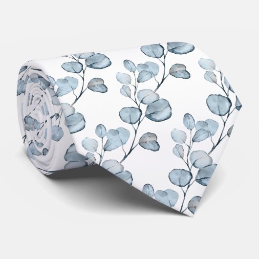 Dusty Blue Small Eucalyptus Sprigs Weddenschap Stropdas (Opgerold)