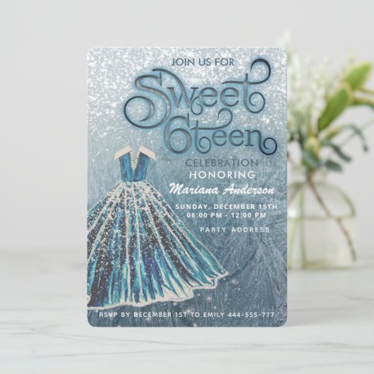 Dusty blue snow winter wonderland zoet 16 kaart (Staand voorkant)