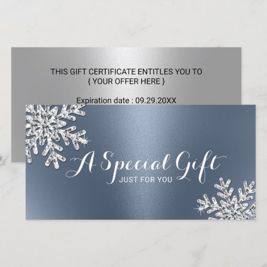 Dusty Blue Snowflake Beauty Salon Gift Certificate (Voorkant / Achterkant)