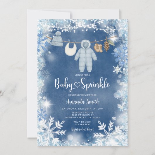 Dusty Blue Snowflake Boy Clothesline Baby Sprinkle Kaart (Voorkant)