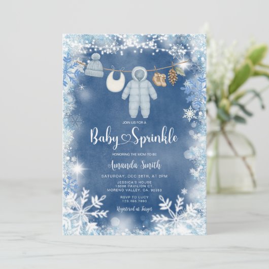 Dusty Blue Snowflake Boy Clothesline Baby Sprinkle Kaart (Staand voorkant)