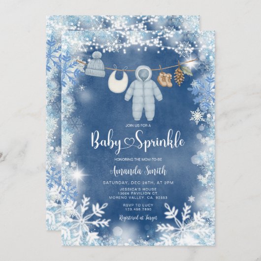 Dusty Blue Snowflake Boy Clothesline Baby Sprinkle Kaart (Voorkant / Achterkant)