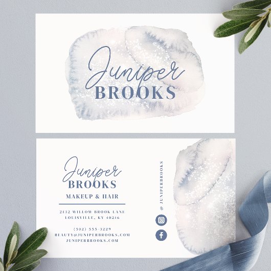 Dusty Blue Social Media Simple Glitter Waterverf Visitekaartje