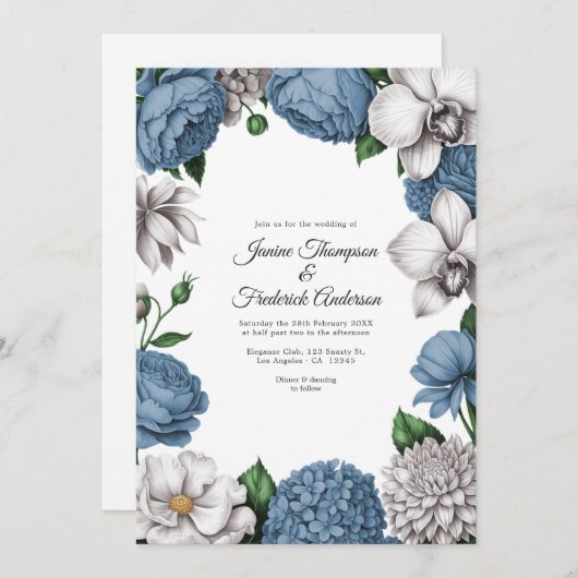 Dusty Blue & Soft Grey Watercolor Floral Wedding Kaart (Voorkant / Achterkant)