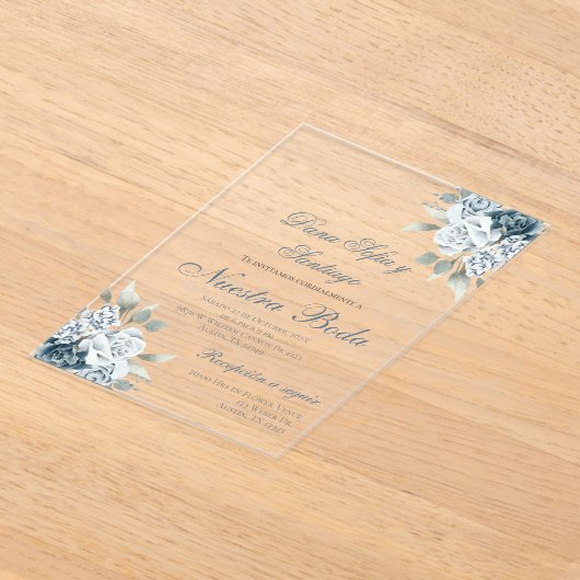 Dusty Blue Spaanse bruiloft Acryl uitnodiging (Laagn)