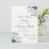 Dusty Blue Spaanse bruiloft uitnodiging (Staand voorkant)