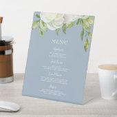 Dusty Blue Spring Floral Peony Wedding Menu Reclamebord Met Voetstuk (Insitu)