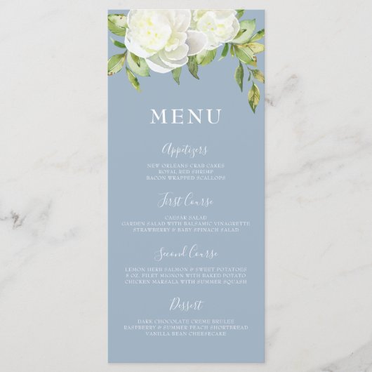 Dusty Blue Spring Floral Pioen Bruiloft Menu (Voorkant)