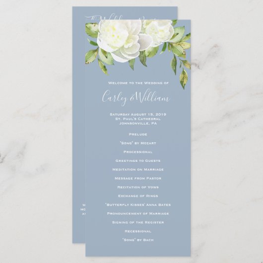 Dusty Blue Spring Floral Pioen Trouwprogramma Programmakaart (Voorkant / Achterkant)