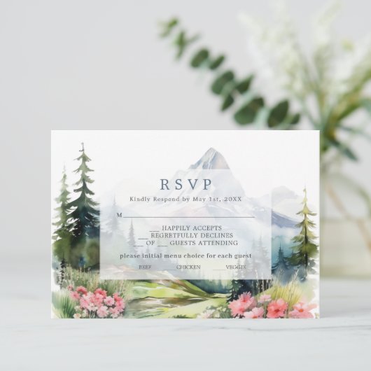Dusty Blue Spring Mountains Wedding RSVP Kaart (Staand voorkant)