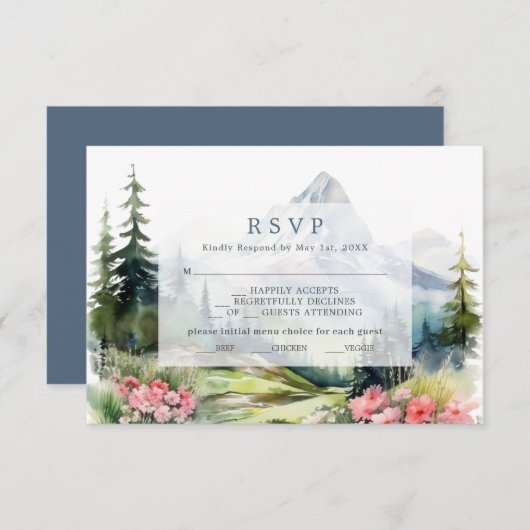 Dusty Blue Spring Mountains Wedding RSVP Kaart (Voorkant / Achterkant)