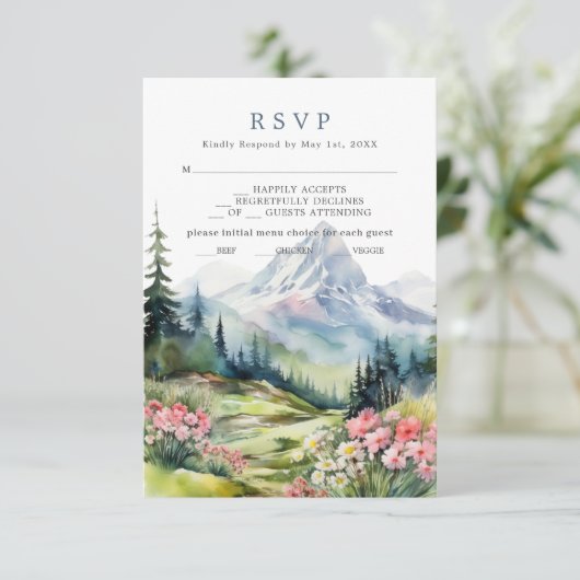 Dusty Blue Spring Mountains Wedding RSVP Kaart (Staand voorkant)
