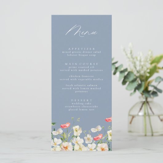 Dusty Blue Spring Peony Waterverf Trouwmenu Menu (Staand voorkant)
