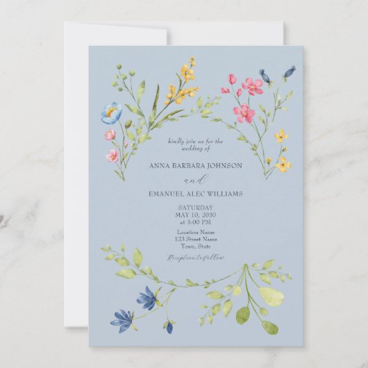 Dusty Blue Spring Wildflower Huwelijksuitnodiging Kaart (Voorkant)