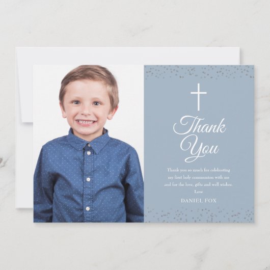 Dusty Blue Stardust First Heilige Communfoto Bedankkaart (Voorkant)