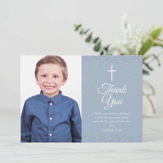 Dusty Blue Stardust First Heilige Communfoto Bedankkaart (Staand voorkant)