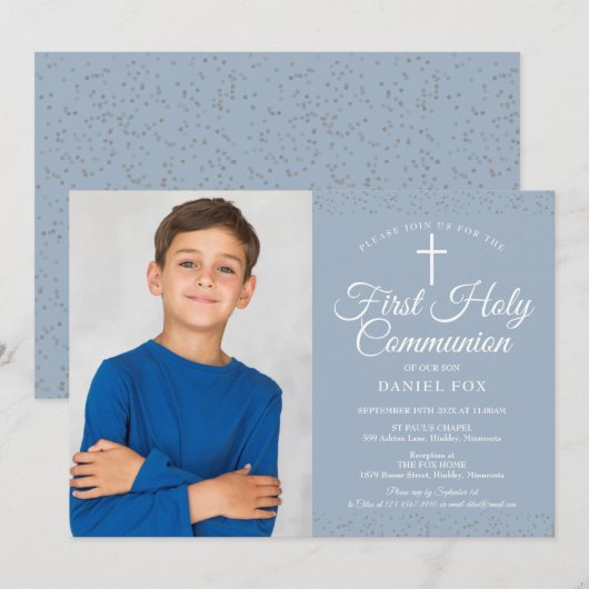 Dusty Blue Stardust First Heilige Communfoto Kaart (Voorkant / Achterkant)