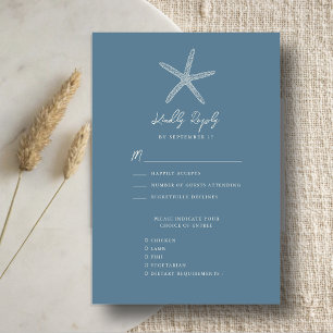 Dusty Blue Starfish Beach Bestemming Bruiloft RSVP Kaartje