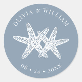 Dusty Blue Starfish Beach Kustbruiloft Ronde Sticker
