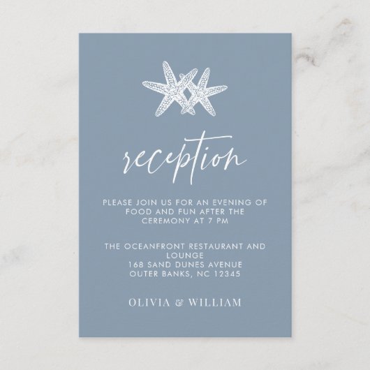 Dusty Blue Starfish Beach Trouwreceptie Informatiekaartje (Voorkant)