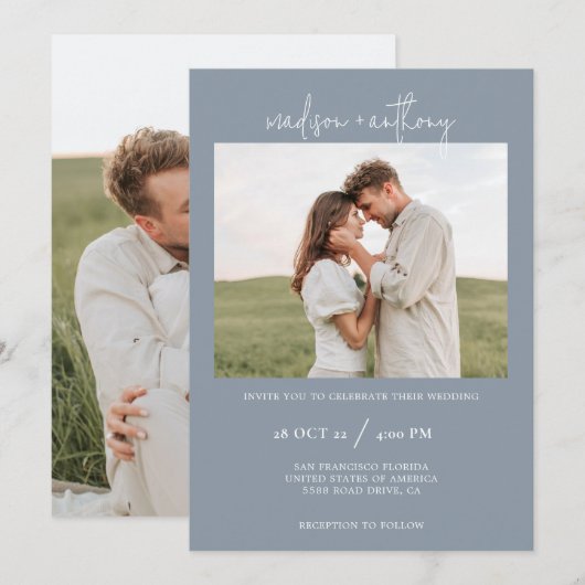 Dusty Blue stijlvol script met foto bruiloft Kaart (Voorkant / Achterkant)