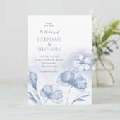 Dusty Blue Stijlvolle Bloemen Waterverf bruiloft Kaart (Staand voorkant)