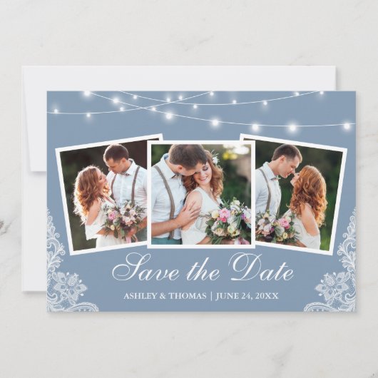 Dusty Blue String Lights 3 Foto Save The Date (Voorkant)
