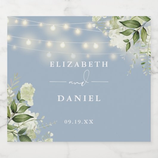 Dusty Blue String Lights Bloemen Groen Bruiloft Bier Etiket (Enkel label)