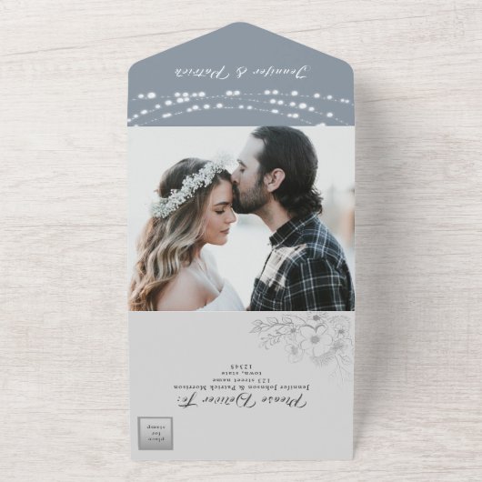 Dusty Blue String Lights Bruiloft All In One Uitnodiging (Buitenkant)