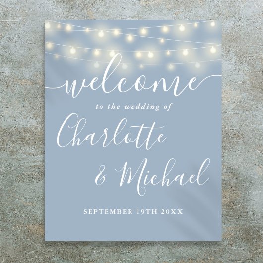 Dusty Blue String Lights Bruiloft Welkomstbord Poster