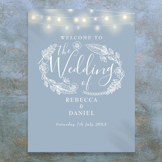 Dusty Blue String Lights Bruiloft Welkomstbord Poster