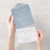 Dusty Blue String Lights Elegant Script Wedding All In One Uitnodiging (Afscheurbaar)