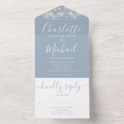 Dusty Blue String Lights Elegant Script Wedding All In One Uitnodiging (Binnen)
