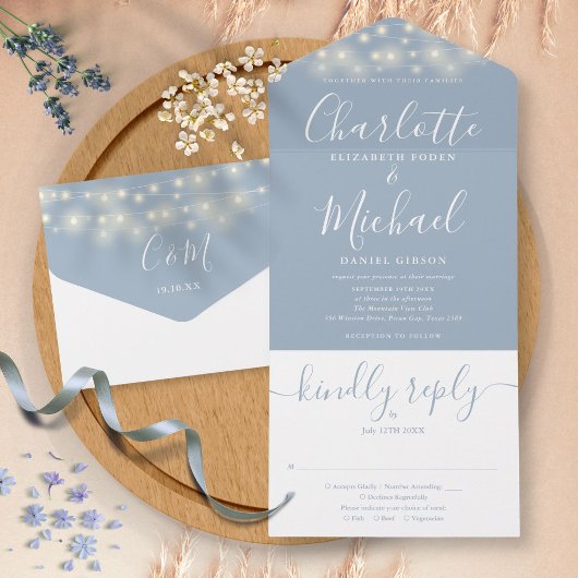 Dusty Blue String Lights Elegant Script Wedding All In One Uitnodiging