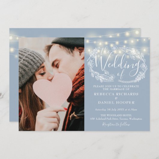 Dusty Blue String Lights Floral Foto Bruiloft Kaart (Voorkant / Achterkant)