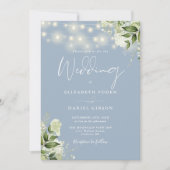 Dusty Blue String Lights Floral Monogram Bruiloft Kaart (Voorkant)
