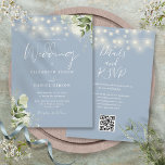 Dusty Blue String Lights Floral QR Code Bruiloft Kaart<br><div class="desc">Deze elegante stoffige blauwe bruiloft uitnodiging,  met  snaarlampen en bloemengroen,  kan worden gepersonaliseerd met uw informatie in chique typografie met uw bruiloft website details en uw QR-code op de achterkant. Ontworpen door Thisnotme©</div>