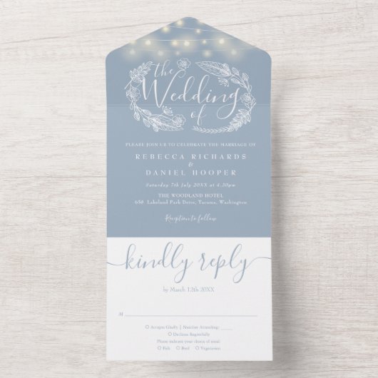Dusty Blue String Lights Foliage Floral Wedding All In One Uitnodiging (Binnen)