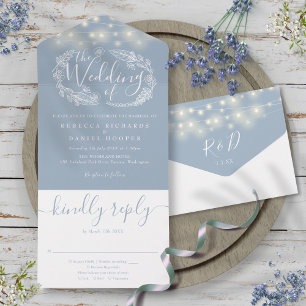 Dusty Blue String Lights Foliage Floral Wedding All In One Uitnodiging