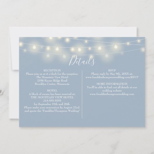 Dusty Blue String Lights Foto Alles In Een Bruilof Kaart (Achterkant)