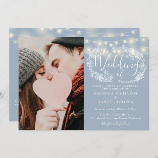 Dusty Blue String Lights Foto Alles In Een Bruilof Kaart (Voorkant / Achterkant)