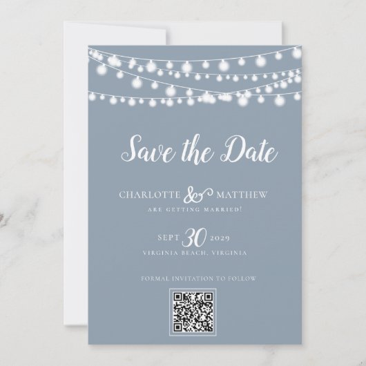 Dusty Blue String Lights Modern Script Bewaar de Save The Date (Voorkant)