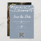 Dusty Blue String Lights Modern Script Bewaar de Save The Date (Voorkant / Achterkant)
