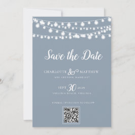 Dusty Blue String Lights Modern Script Bewaar de Save The Date