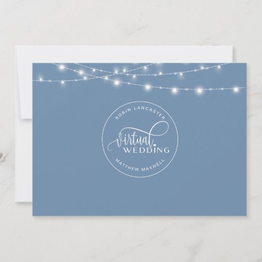Dusty Blue, String Lights, Online Virtual Wedding Kaart (Achterkant)