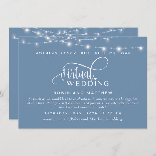Dusty Blue, String Lights, Online Virtual Wedding Kaart (Voorkant / Achterkant)
