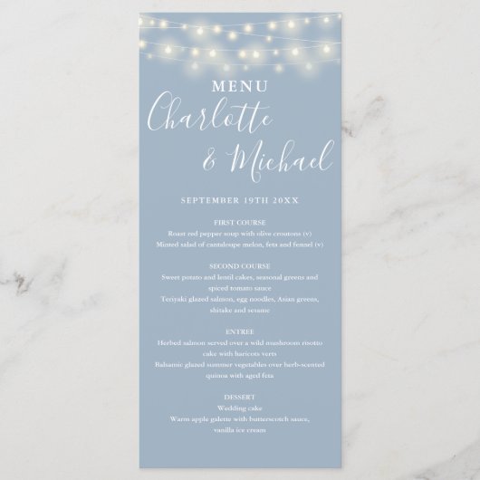 Dusty Blue String Lights Signature Bruiloft Menu (Voorkant)