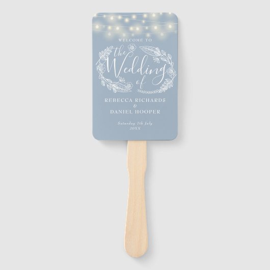 Dusty Blue String Lights Trouwprogramma Handwaaier (Voorkant)