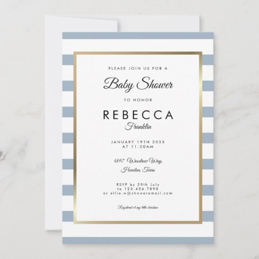 Dusty Blue Stripe Gold Baby shower Kaart (Voorkant)