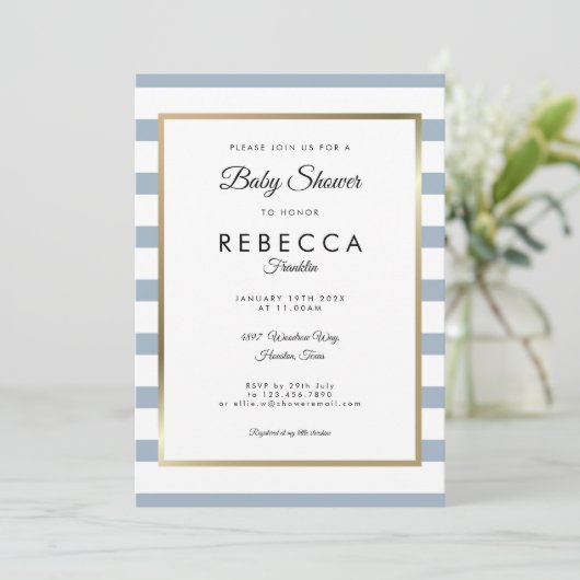 Dusty Blue Stripe Gold Baby shower Kaart (Staand voorkant)